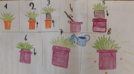 Kinder lernen das Umtopfen von Pflanzen anhand eines gezeichneten Schritt-für-Schritt-Plans.