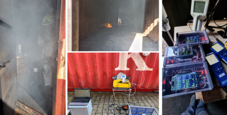 Foto 5. Verschillende foto’s tijdens brandexperimenten. De Sensorkits zijn in de zeecontainer geplaats. In de hoek werd met houtvuur gemaakt. Bij een tweede experiment werd het vuur bedekt met vochtig hooi om meer rook te genereren. Het gele apparaat (foto midden onder) is de gas-FTIR. 