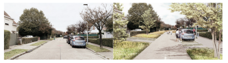Straße im Vogelkeswijk, aktuelle Situation (links) als Gartenstraße gestaltet (rechts)